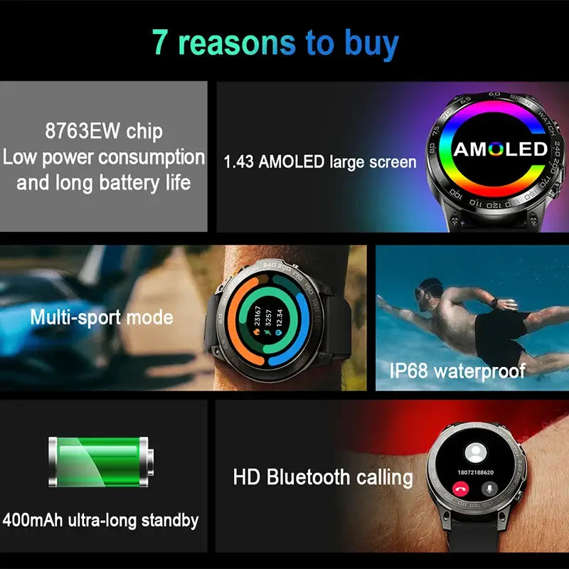 DM50 Bluetooth Call Smart Watch 1.43" Always On AMOLED IPS Display NFC