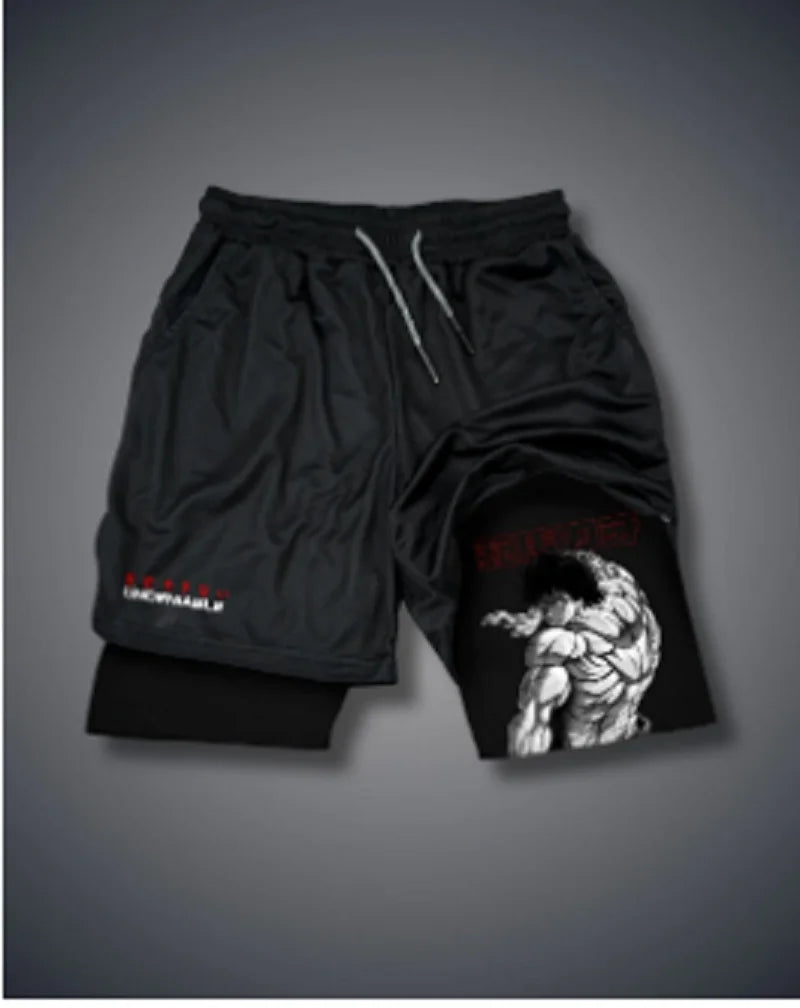 Men's Anime Hanma Baki Fitness Shorts Printed Black Double Layer 2 In