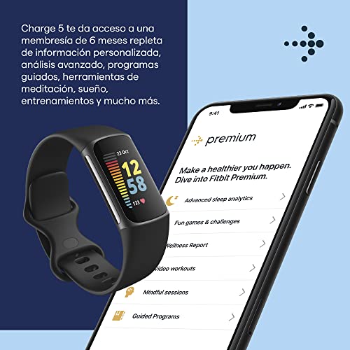 Fitbit Charge 5 Advanced Fitness & Health Tracker with Built-in GPS, Stress Management Tools, Sleep Tracking, 24/7 Heart Rate and More, Black/Graphite, One Size (S &L Bands Included)